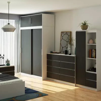 Priestranná šatníková skriňa 150 cm VALESTRA s nástavcom - biela / tmavo šedá
