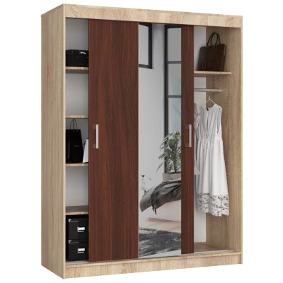 Priestranná šatníková skriňa 150 cm VALESTRA so zrkadlami - dub sonoma / wenge