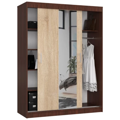 Priestranná šatníková skriňa 150 cm VALESTRA so zrkadlami - wenge / dub sonoma