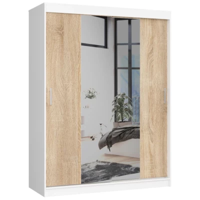 Priestranná šatníková skriňa 150 cm VALESTRA so zrkadlami - biela / dub sonoma