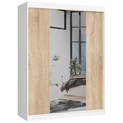 Priestranná šatníková skriňa 150 cm VALESTRA so zrkadlami - biela / dub sonoma