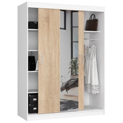Priestranná šatníková skriňa 150 cm VALESTRA so zrkadlami - biela / dub sonoma