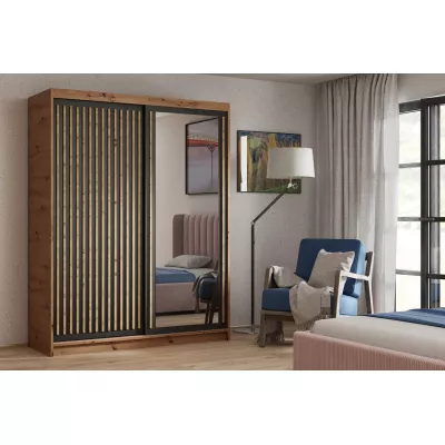 Šatníková skriňa s lamelami a zrkadlom 180 cm WARDERO - dub artisan / čierna / dub artisan