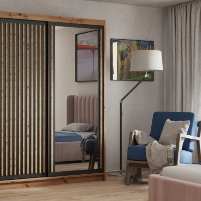 Šatníková skriňa s lamelami a zrkadlom 160 cm WARDERO - dub artisan / čierna / dub artisan