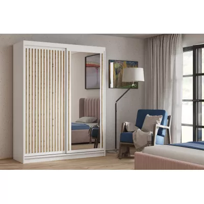 Šatníková skriňa s lamelami a zrkadlom 160 cm WARDERO - biela / dub artisan