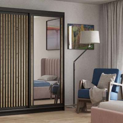 Šatníková skriňa s lamelami a zrkadlom 160 cm WARDERO - čierna / dub artisan