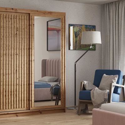 Šatníková skriňa s lamelami a zrkadlom 160 cm WARDERO - dub artisan