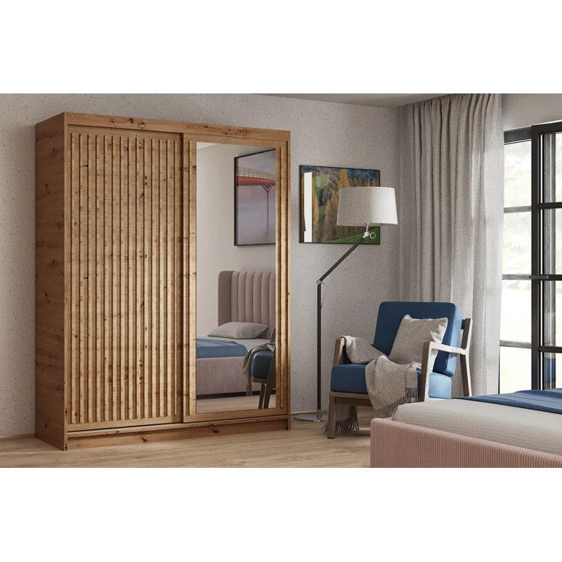 Šatníková skriňa s lamelami a zrkadlom 160 cm WARDERO - dub artisan