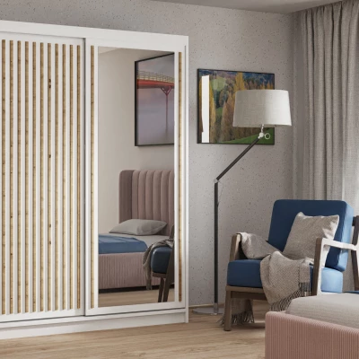 Šatníková skriňa s lamelami a zrkadlom 120 cm WARDERO - biela / dub artisan