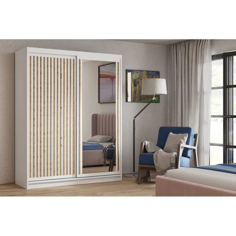 Šatníková skriňa s lamelami a zrkadlom 120 cm WARDERO - biela / dub artisan