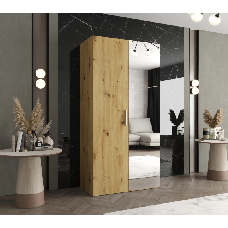 Šatníková skriňa so zrkadlom HELMA 2 100 cm - dub artisan / strieborný úchyt