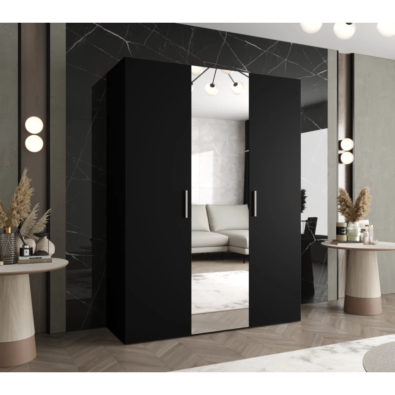 Šatníková skriňa so zrkadlom HELMA 2 150 cm - čierna / strieborné úchyty