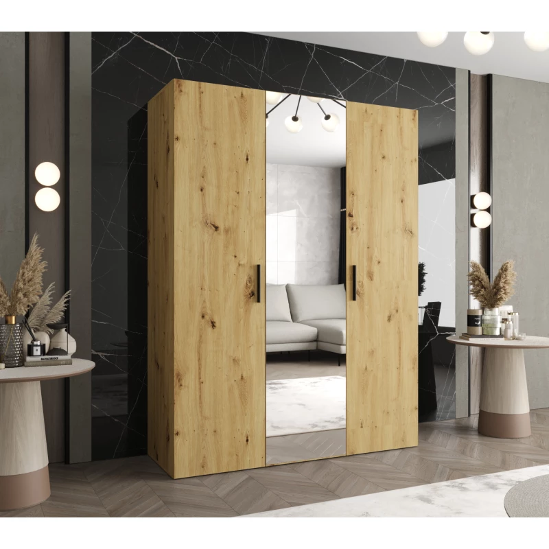 Šatníková skriňa so zrkadlom HELMA 2 150 cm - dub artisan / čierne úchyty