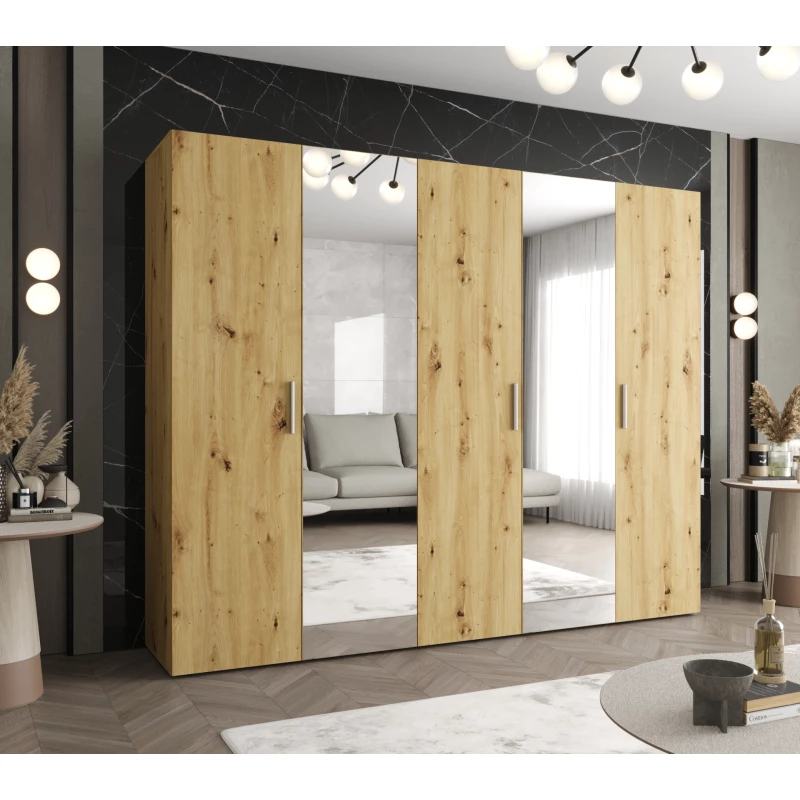 Šatníková skriňa so zrkadlami HELMA 2 250 cm - dub artisan / strieborné úchyty