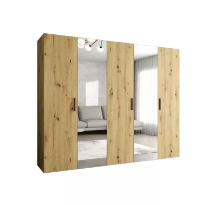 Šatníková skriňa so zrkadlami HELMA 2 250 cm - dub artisan / čierne úchyty