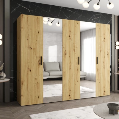 Šatníková skriňa so zrkadlami HELMA 2 250 cm - dub artisan / čierne úchyty
