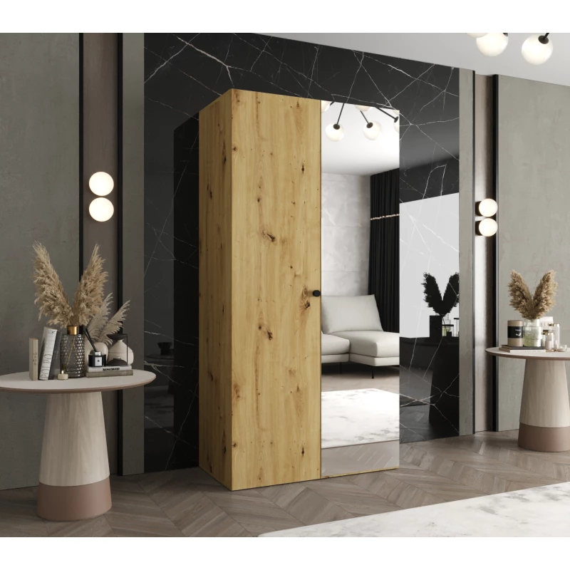 Zrkadlová šatníková skriňa CAITIR 2 100 cm - dub artisan / čierny úchyt