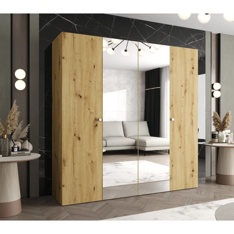 Zrkadlová šatníková skriňa CAITIR 2 200 cm - dub artisan / strieborné úchyty