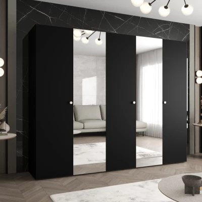 Zrkadlová šatníková skriňa CAITIR 2 250 cm - čierna / strieborné úchyty