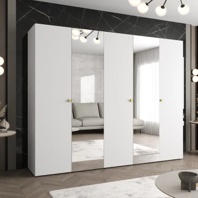 Zrkadlová šatníková skriňa CAITIR 2 250 cm - biela / zlaté úchyty