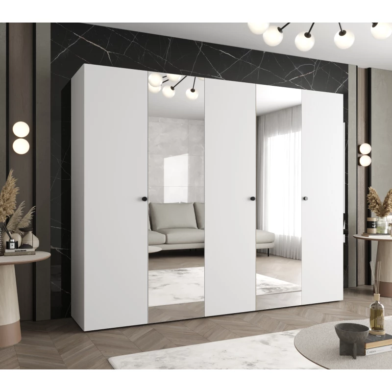 Zrkadlová šatníková skriňa CAITIR 2 250 cm - biela / čierne úchyty