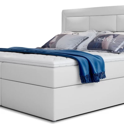 Boxspringová posteľ s úložným priestorom 160x200 TERIVO - biela eko koža