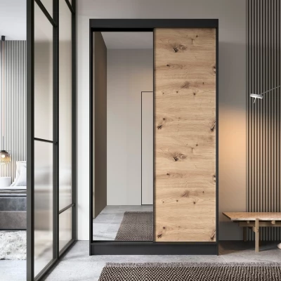 Šatníková skriňa s posuvnými dverami a zrkadlom 120 cm OLIVIERA - čierna / dub artisan