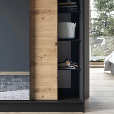 Šatníková skriňa s posuvnými dverami a zrkadlom 180 cm OLIVIERA - čierna / dub artisan