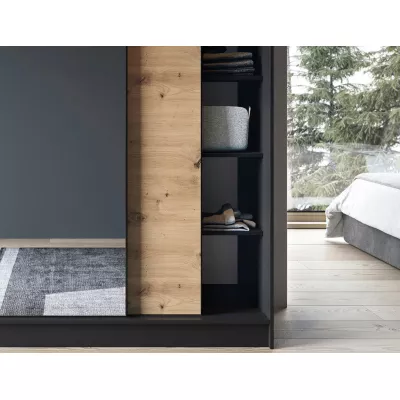 Šatníková skriňa s posuvnými dverami a zrkadlom 180 cm OLIVIERA - čierna / dub artisan