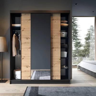 Šatníková skriňa s posuvnými dverami a zrkadlom 180 cm OLIVIERA - čierna / dub artisan
