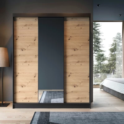 Šatníková skriňa s posuvnými dverami a zrkadlom 180 cm OLIVIERA - čierna / dub artisan