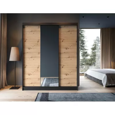 Šatníková skriňa s posuvnými dverami a zrkadlom 180 cm OLIVIERA - čierna / dub artisan