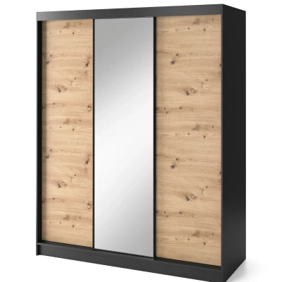 Šatníková skriňa s posuvnými dverami a zrkadlom 180 cm OLIVIERA - čierna / dub artisan