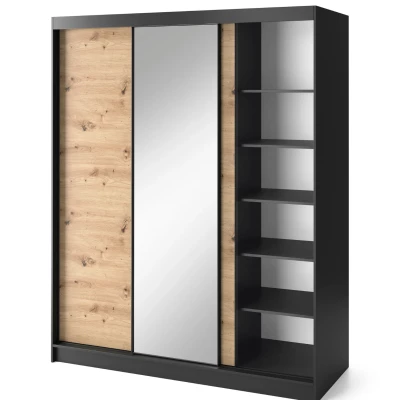 Šatníková skriňa s posuvnými dverami a zrkadlom 180 cm OLIVIERA - čierna / dub artisan