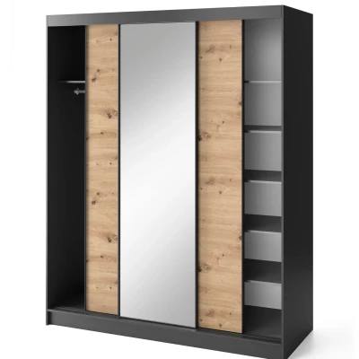Šatníková skriňa s posuvnými dverami a zrkadlom 180 cm OLIVIERA - čierna / dub artisan