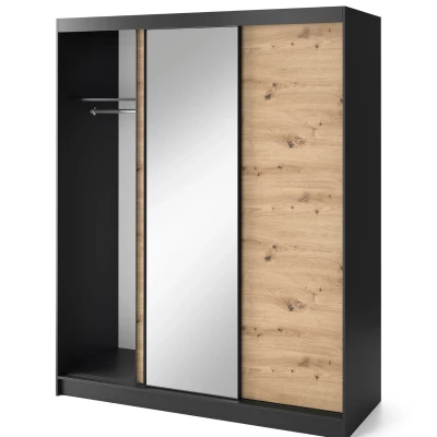 Šatníková skriňa s posuvnými dverami a zrkadlom 180 cm OLIVIERA - čierna / dub artisan