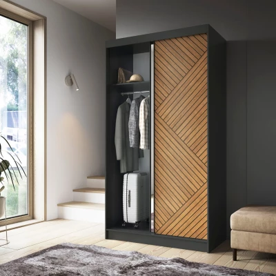 Šatníková skriňa so zrkadlom a posuvnými dverami 120 cm VALORA - čierna / dub karamel