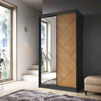 Šatníková skriňa so zrkadlom a posuvnými dverami 120 cm VALORA - čierna / dub karamel