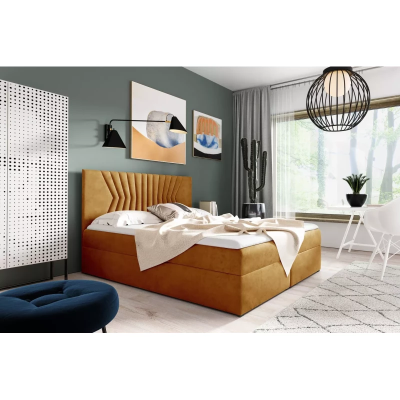 Čalúnená posteľ s prešívaným čelom AKIM - 120x220, žltá + topper ZADARMO