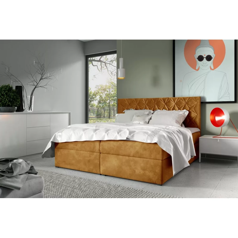 Posteľ boxspring s prešívaným čelom EUGEN - 120x220, žltá + topper ZADARMO
