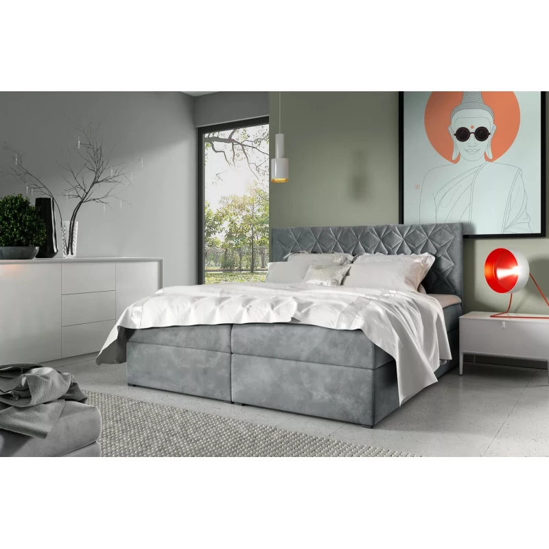 Posteľ boxspring s prešívaným čelom EUGEN - 120x220, šedá + topper ZADARMO