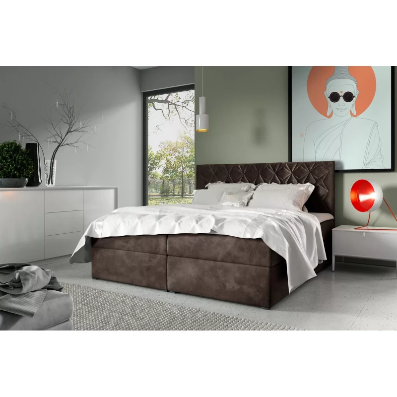 Posteľ boxspring s prešívaným čelom EUGEN - 120x220, hnedá 1+ topper ZADARMO