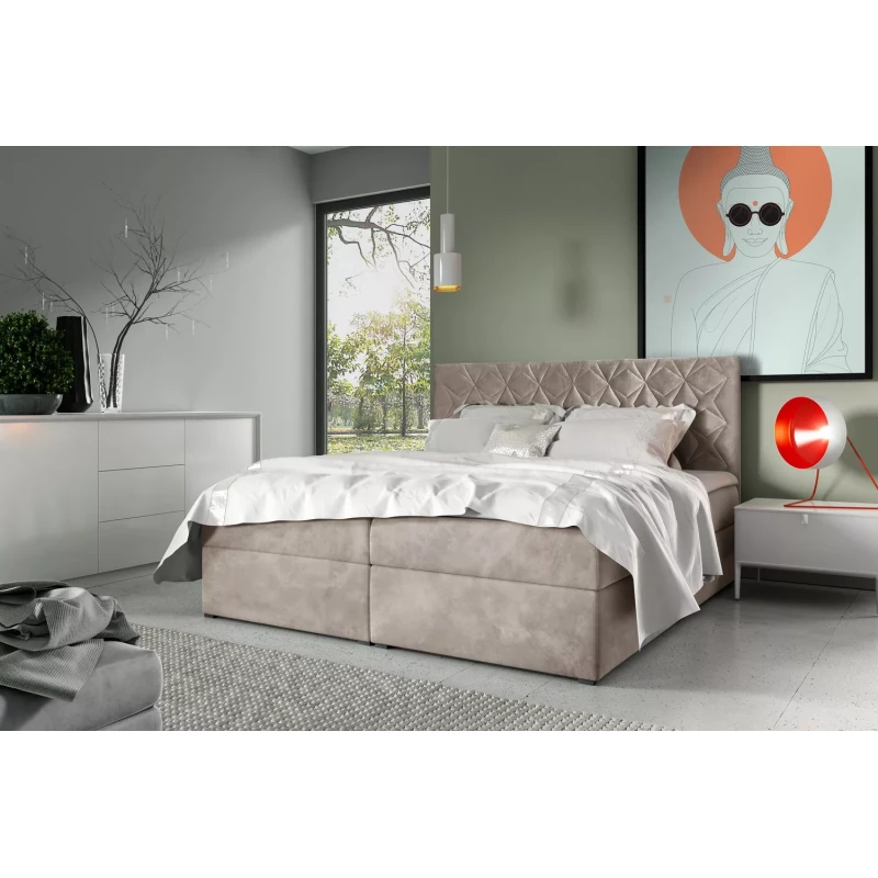 Posteľ boxspring s prešívaným čelom EUGEN - 120x220, béžová + topper ZADARMO