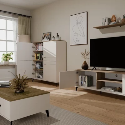 Televízny stolík s dvierkami LYKKA - kašmír / dub