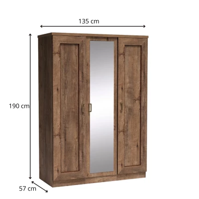 Šatníková skriňa so zrkadlom GIADA - šírka 135 cm, dub lefkas