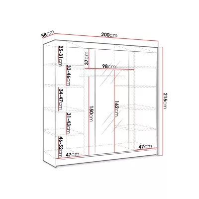 Šatníková skriňa DANIELLA 1 - šírka 200 cm, biela / dub sonoma