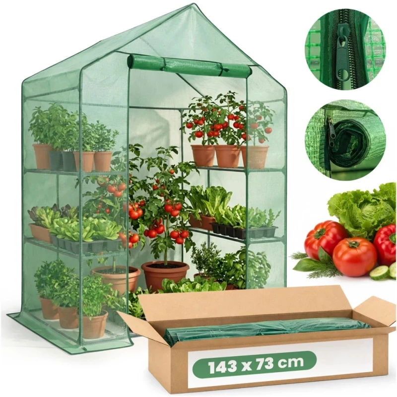 Mini záhradný fóliovník s poličkami 143x73x195 cm LUMPAN - zelený