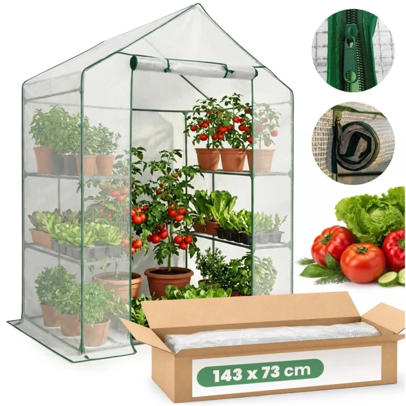 Mini záhradný fóliovník s poličkami 143x73x195 cm LUMPAN - biely