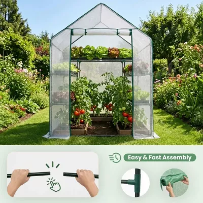 Mini záhradný fóliovník s poličkami 143x73x195 cm LUMPAN - biely