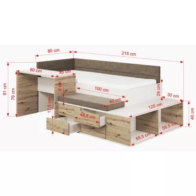 Multifunkčná posteľ s úložným priestorom 80x180 ALDA - biela / dub artisan / hnedá, ľavé prevedenie